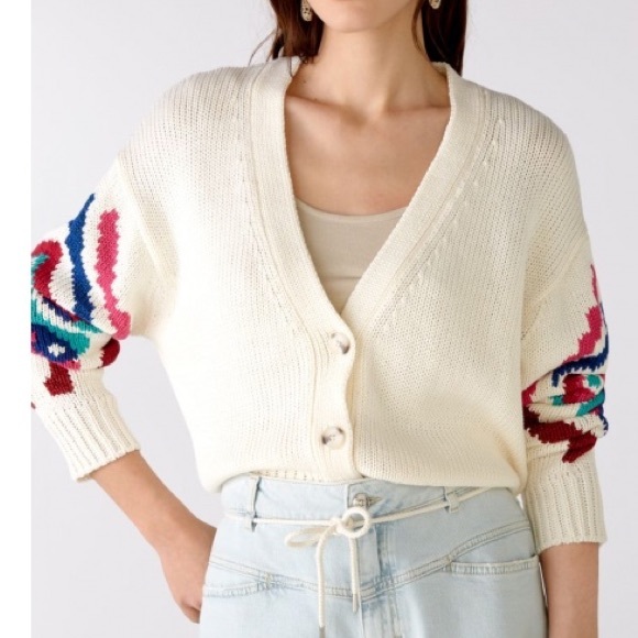 ❤️❤️❤️Oui,  Knitted Cream with colorful sleeves short cardigan size 10 US❤️❤️❤️ - Picture 5 of 10